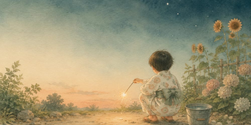 花火をする子どものそばに水を張ったバケツと靴を用意した様子