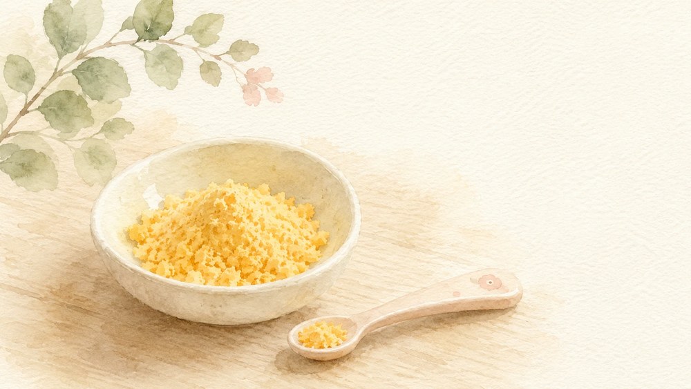 固ゆでにした卵黄を細かくほぐしたものと、ごく少量をのせた離乳食用のスプーン