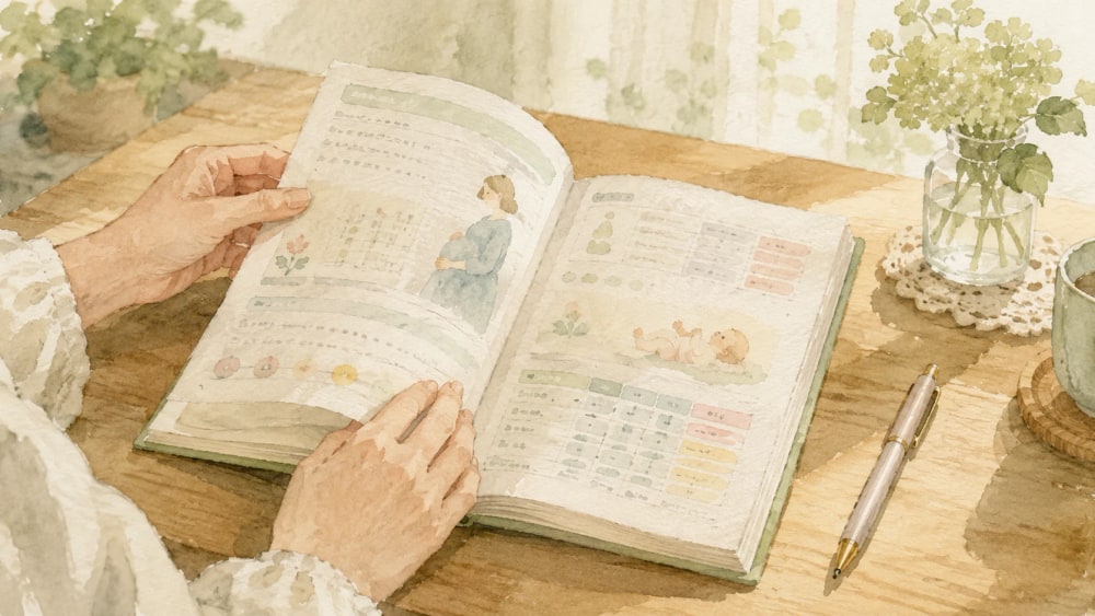 母子手帳の予防接種の記録欄を開いて確認している手元